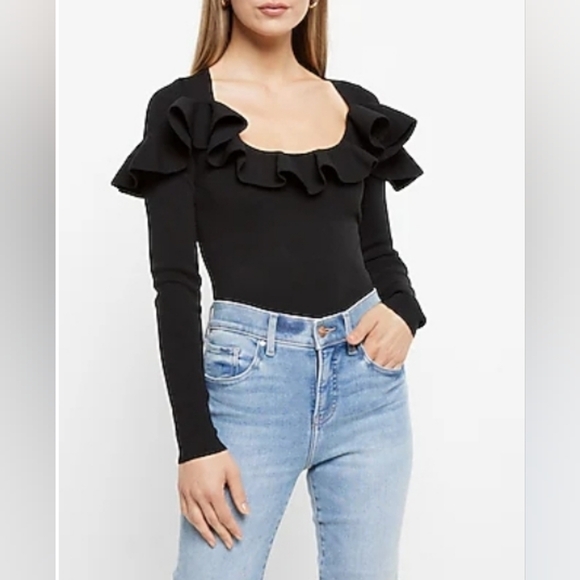 Express Sweaters - Express Women's Ribbed Black Long Sleeve Ruffle Cropped Sweater XS NWOT
